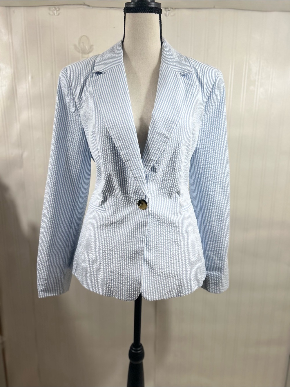 Tailored Light Blue Seersucker Women's Blazer